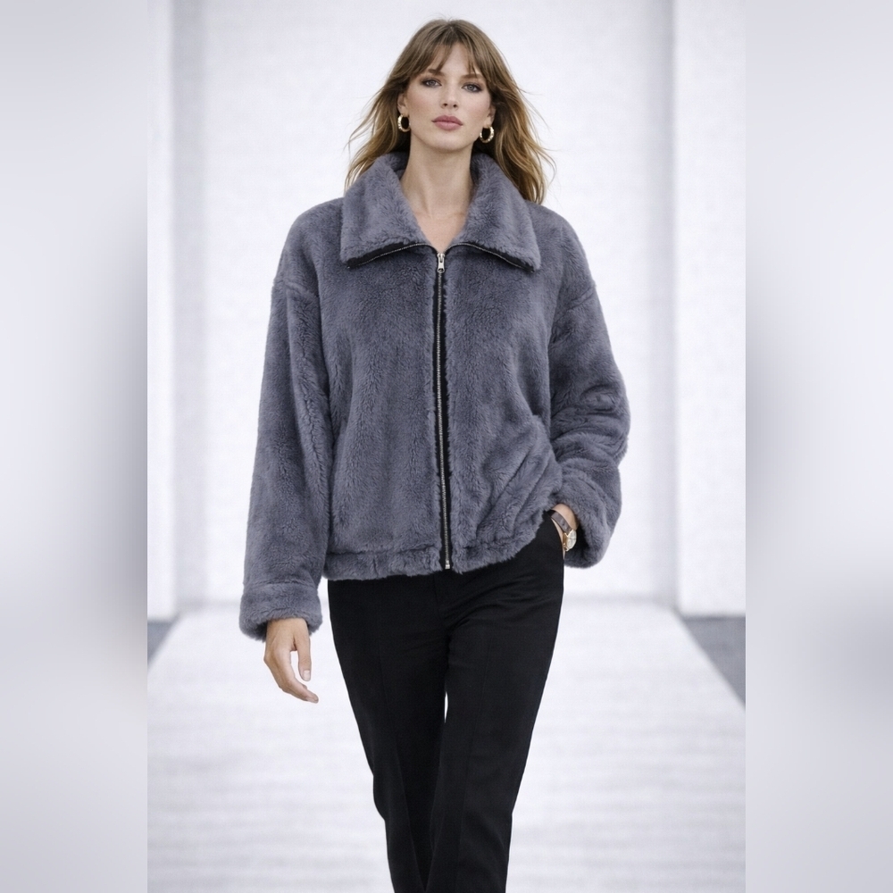 Anthropologie Bristol Faux Fur Jacket Blue Zip Front Cozy Luxury Size M